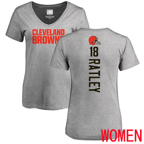 Cleveland Browns Damion Ratley Women Ash Jersey #18 NFL Football Backer V-Neck T Shirt->women nfl jersey->Women Jersey